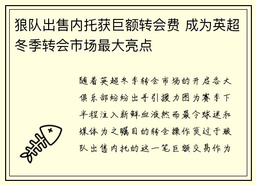 狼队出售内托获巨额转会费 成为英超冬季转会市场最大亮点 狼队出售内托获巨额转会费 成为英超冬季转会市场最大亮点